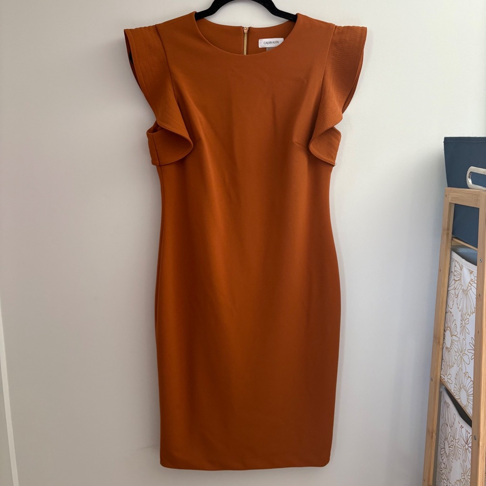 Calvin Klein Rust Midi Sheath Dress with Ruffle Sleeves